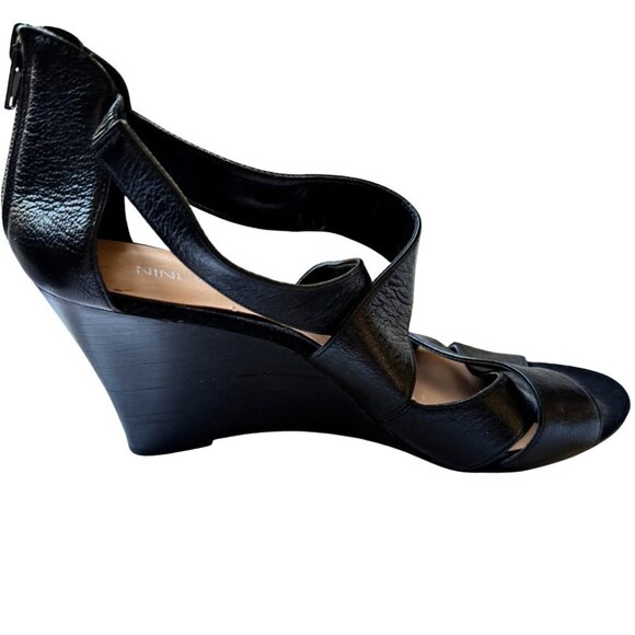 Nine West Black Leather Wedge Sandals Zipper and Straps SIZE 8.5  3.5 inch Heels - Picture 9 of 15